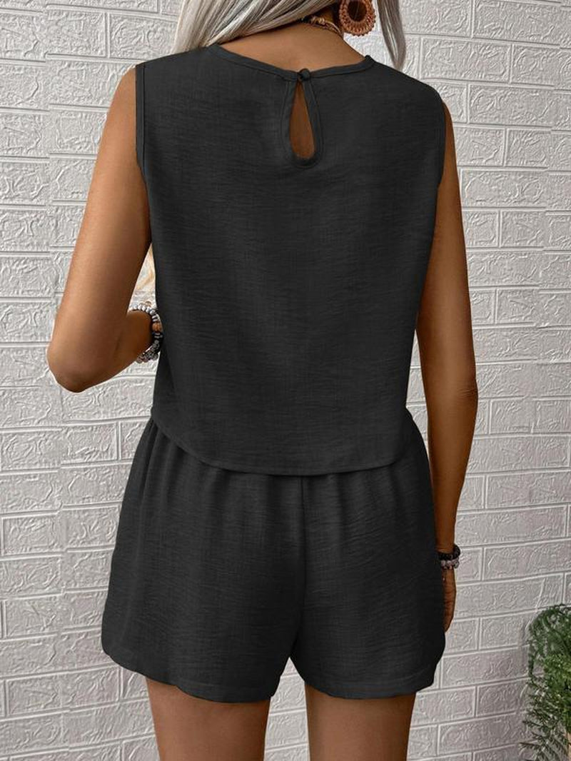 Women'S Solid Color Crew Neck Tank & Shorts Two-Piece Set, Casual Short Sleeve Top & Shorts, Vacation Sets, Summer Clothes for Ladies Outdoor