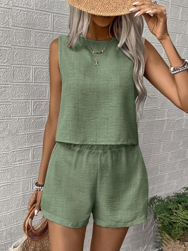 Women'S Solid Color Crew Neck Tank & Shorts Two-Piece Set, Casual Short Sleeve Top & Shorts, Vacation Sets, Summer Clothes for Ladies Outdoor