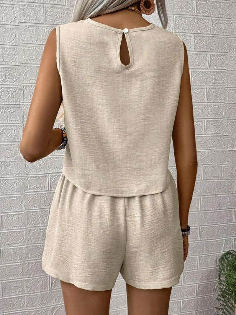 Women'S Solid Color Crew Neck Tank & Shorts Two-Piece Set, Casual Short Sleeve Top & Shorts, Vacation Sets, Summer Clothes for Ladies Outdoor