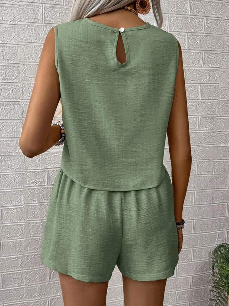 Women'S Solid Color Crew Neck Tank & Shorts Two-Piece Set, Casual Short Sleeve Top & Shorts, Vacation Sets, Summer Clothes for Ladies Outdoor