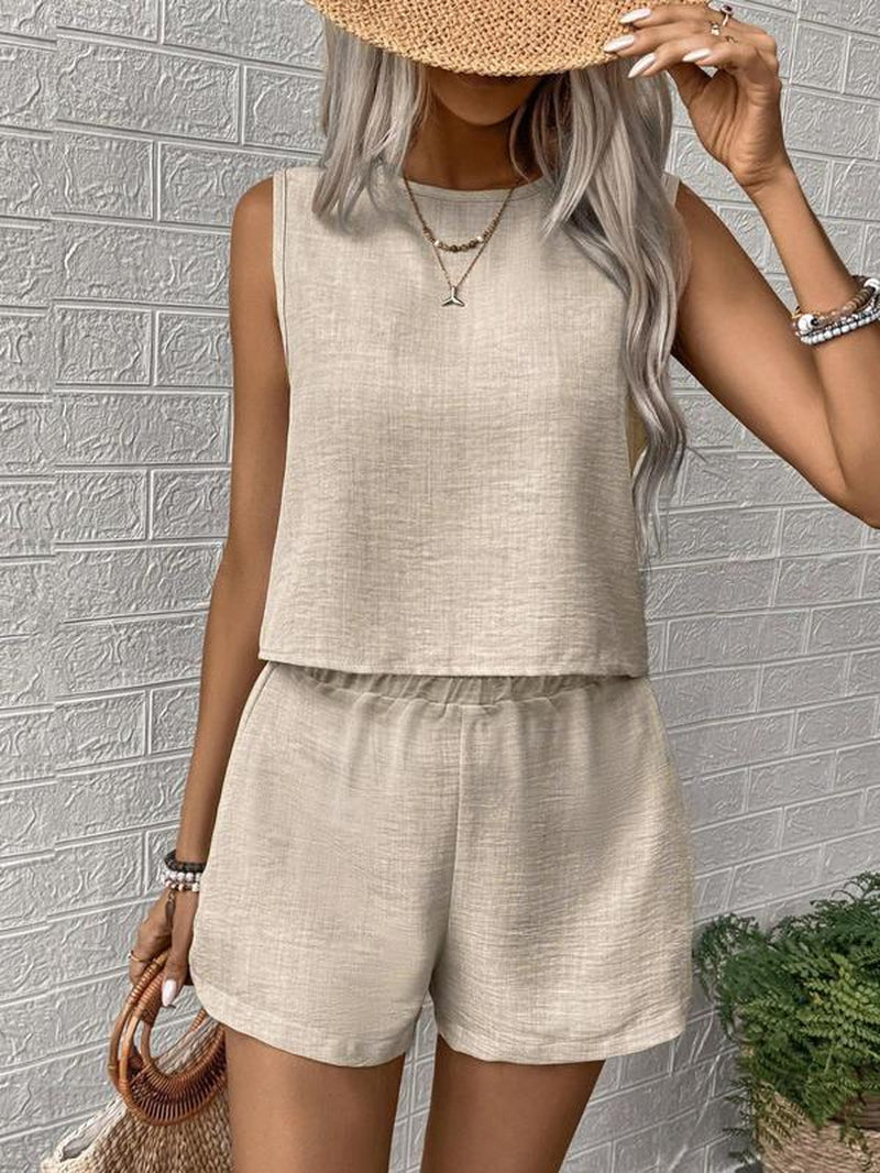 Women'S Solid Color Crew Neck Tank & Shorts Two-Piece Set, Casual Short Sleeve Top & Shorts, Vacation Sets, Summer Clothes for Ladies Outdoor